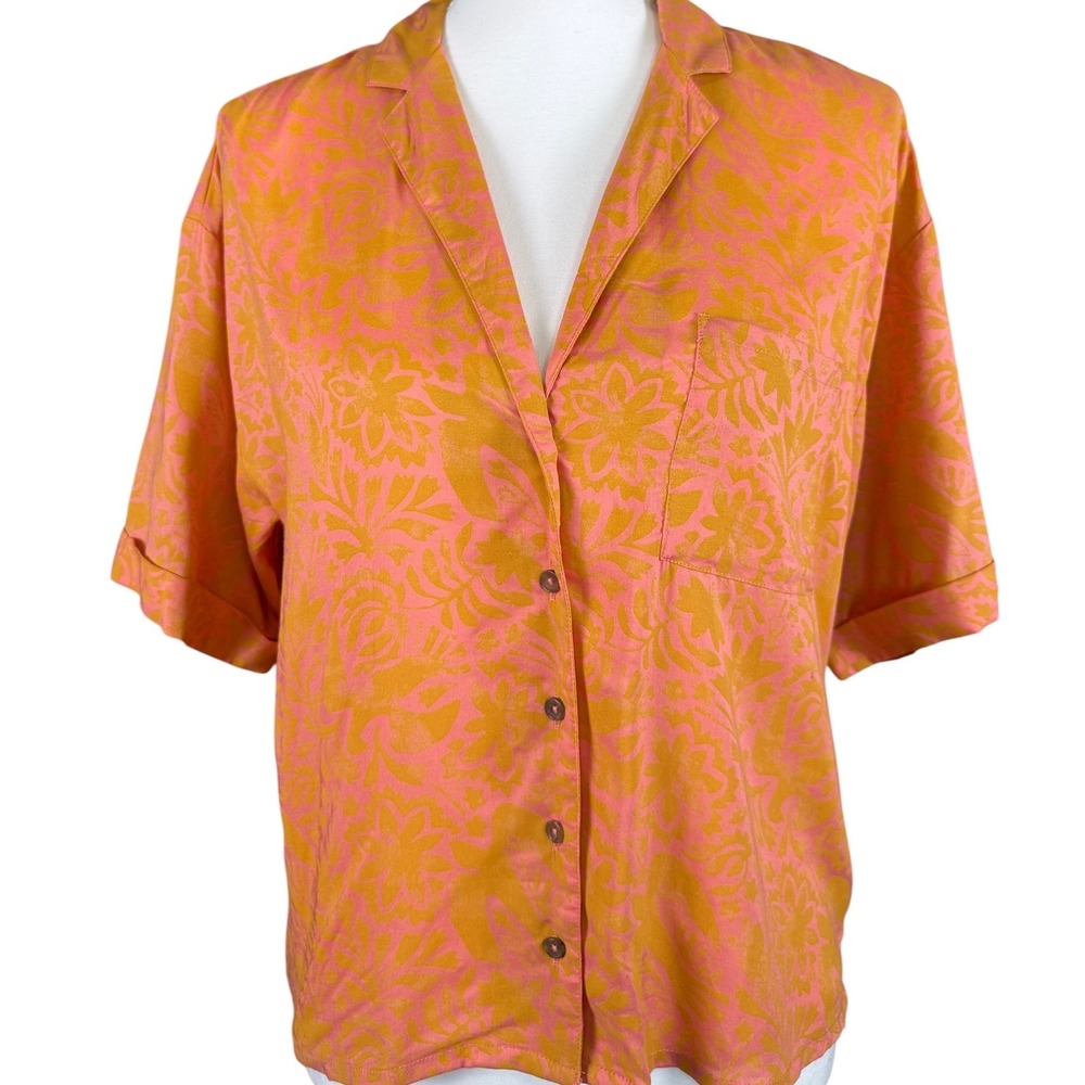 prAna Iguala Top Fresca Flora Fauna Pink Orange Floral Button Down Cropped M NEW - Picture 2 of 10